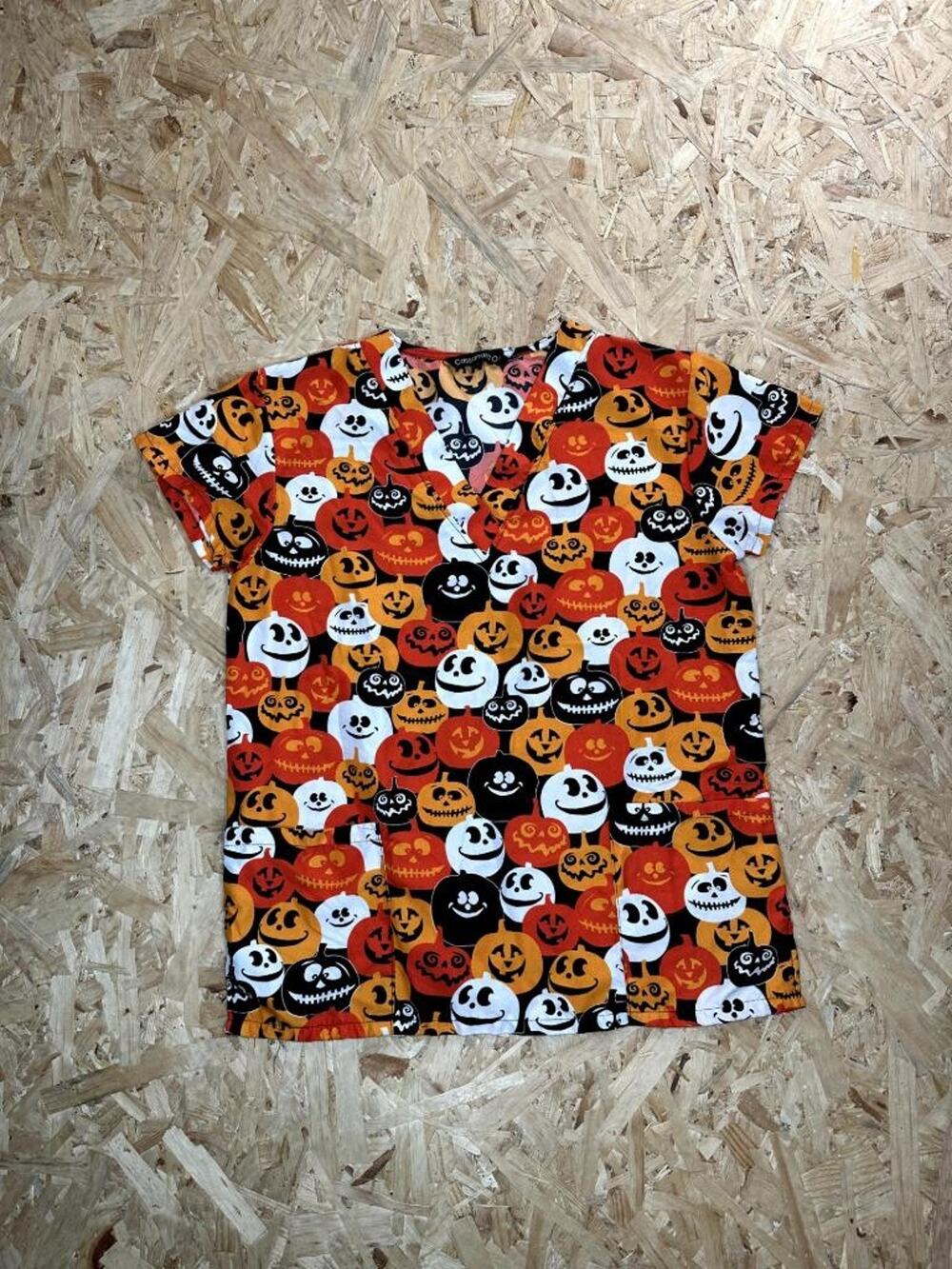 Cassandra O Halloween Scrub Top Womens Small Orange Black Jack O Lantern Pumpkin
